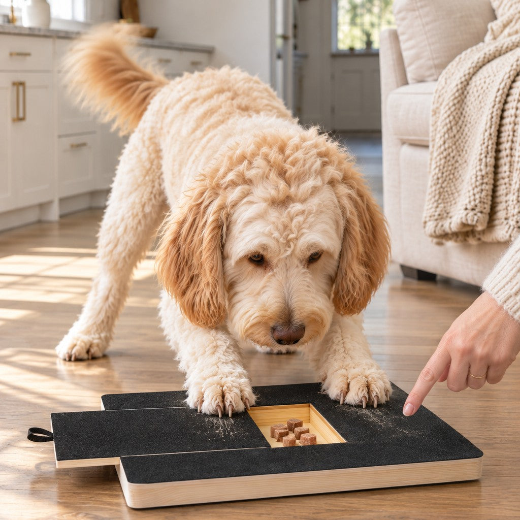 Goldendoodle scratching the flat board for the treat in the tray