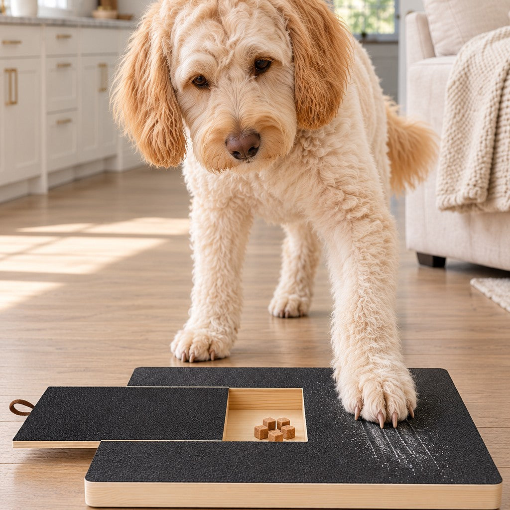 Dog filing his own front nails on the flat scratch board