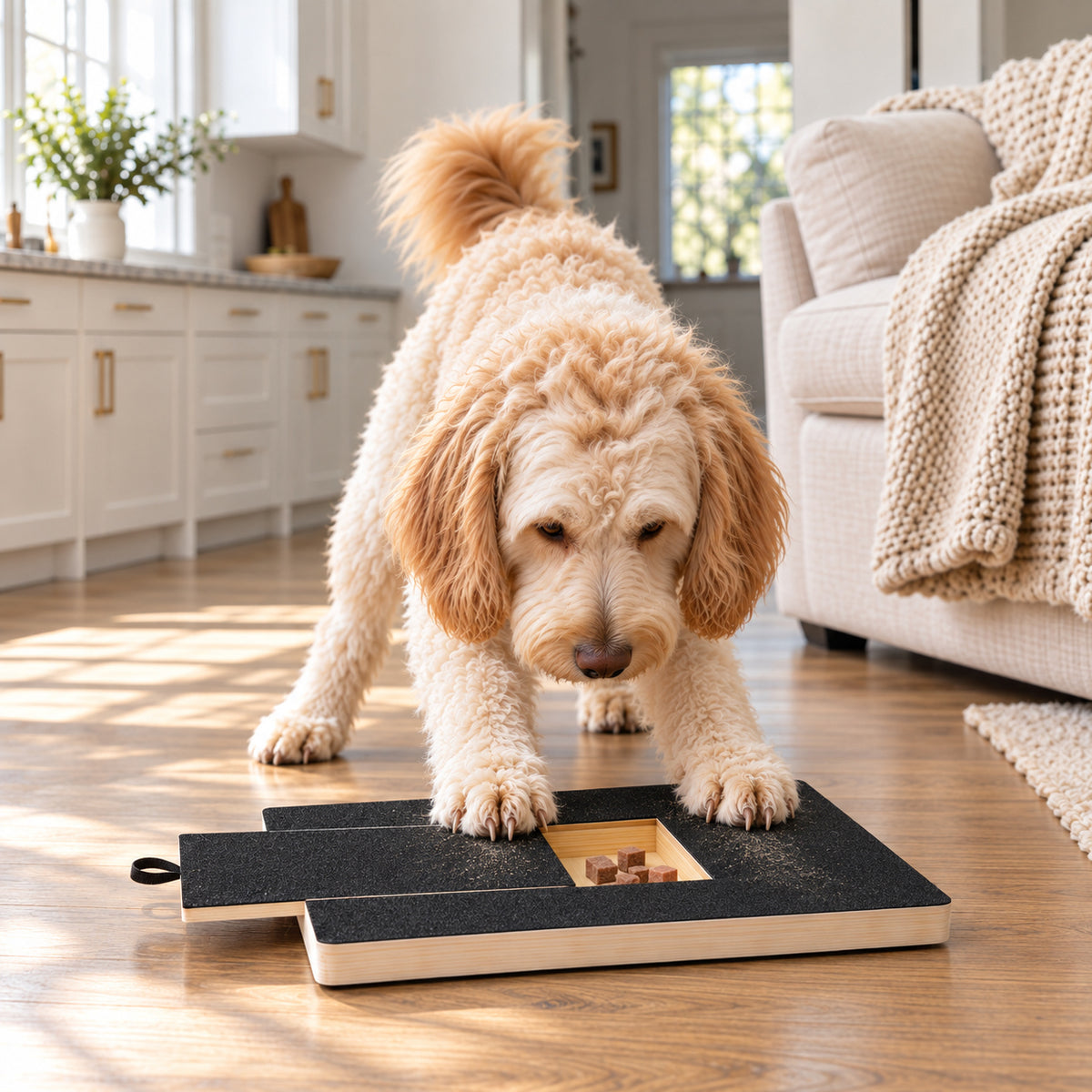 Goldendoodle with his front paws on the scratch board, for size