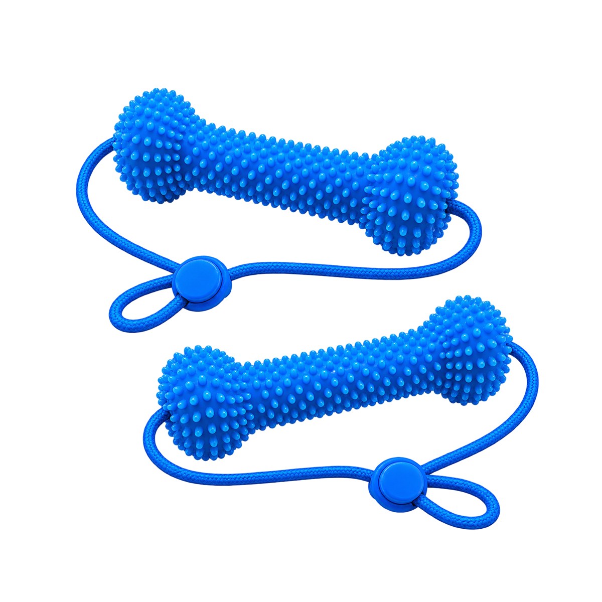 Two blue Open-Wide Bones with cords