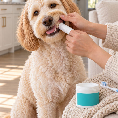Wiping a goldendoodle's teeth with a finger wipe