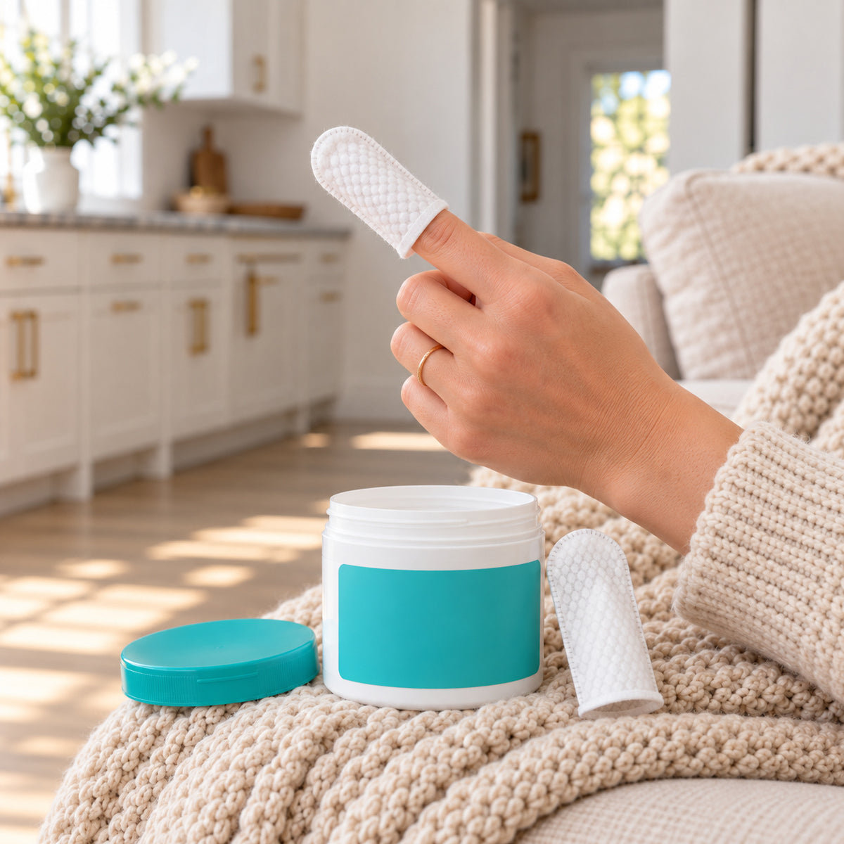 One finger wipe on an index finger next to the open tub, for size